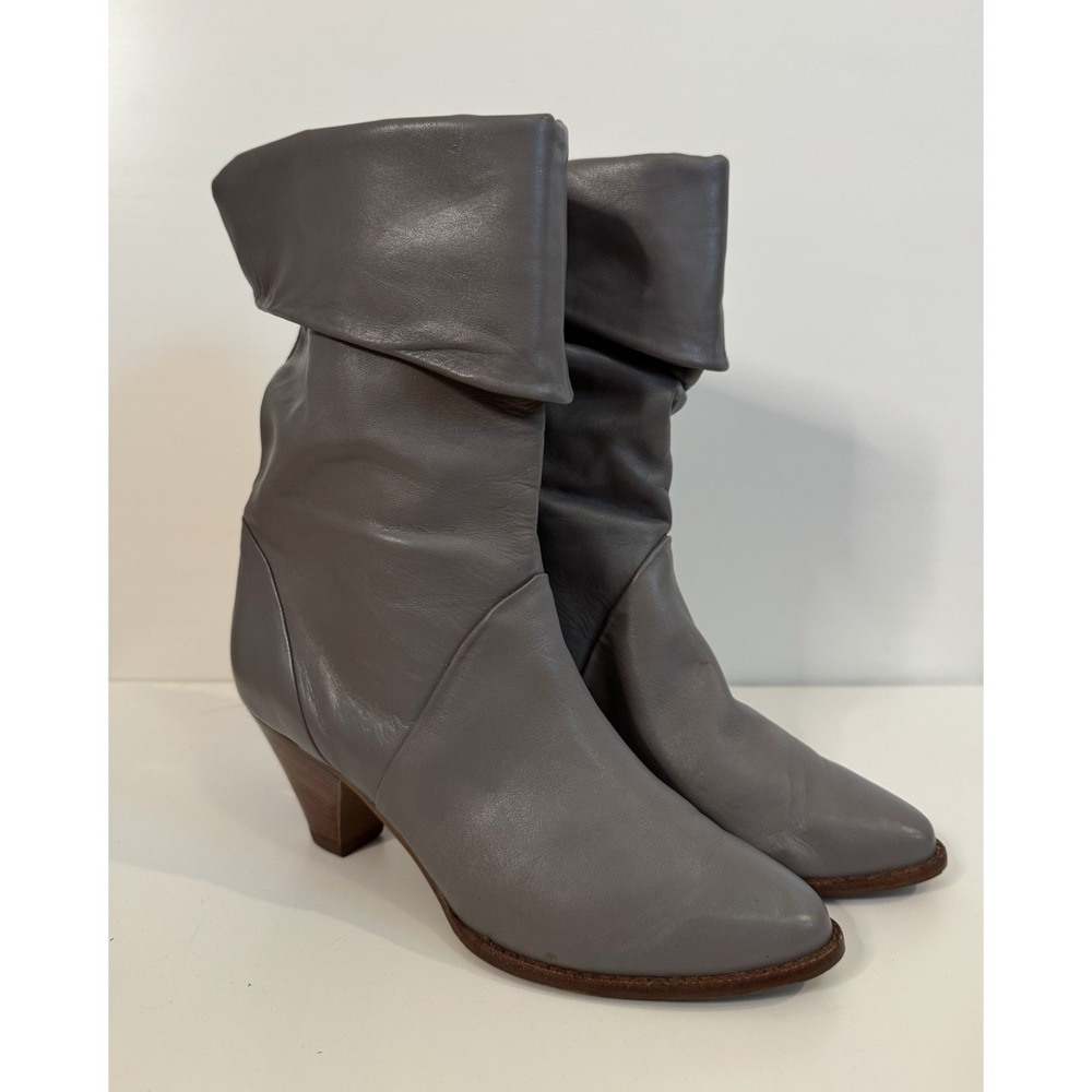 Vintage Gray Leather Slouch Fold Over Mid Calf Boots Pointed Toe Women's 7.5